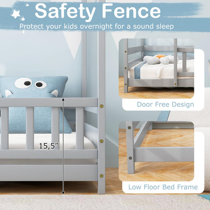Dreamade Twin Floor Bed with Fence, Wood Montessori Bed with Safety Guardrails and 80.5" High Roof Design