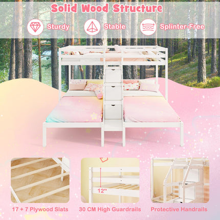 Dreamade Twin Over Twin & Twin Bunk Bed, Triple Bunk Beds with 4-Step Storage Stair, Wooden 3 Bunk Beds for Kids Teens