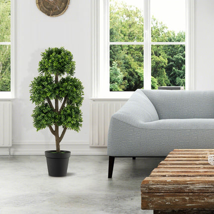 Dreamade Artificial Boxwood Topiary Tree, 45” Tall Faux Potted Plants with 5 Ball-Shaped Topiaries, Cement Flowerpot