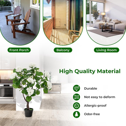 Dreamade Artificial Hydrangea Tree, 2 Pack Fake Floral Plant w/11 White Flowers & Realistic Trunk in Plastic Nursery Pot