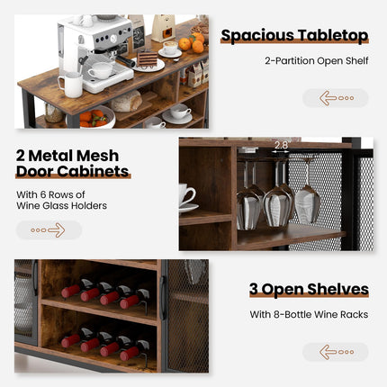 Dreamade Coffee Bar Cabinet for Liquor and Glasses, 55” Buffet Sideboard with 8-Bottle Wine Racks, 6 Rows of Wine Glass Holders