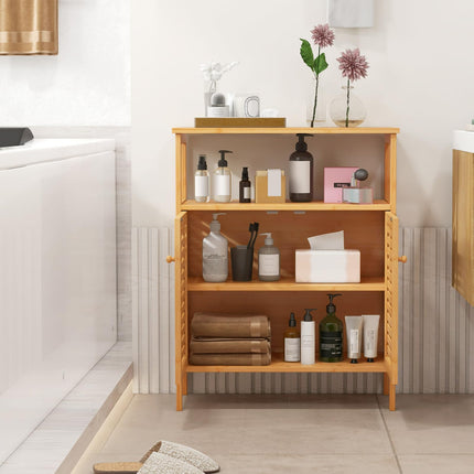 Dreamade Storage Cabinet, Bamboo Bathroom Floor Cabinet with Double Louvered Doors