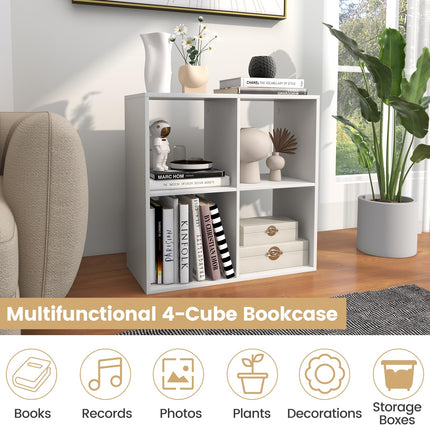 Dreamade 4-Cube Bookcase, White Cubby Bookshelf w/Back Guardrail & Anti-Tipping Kits