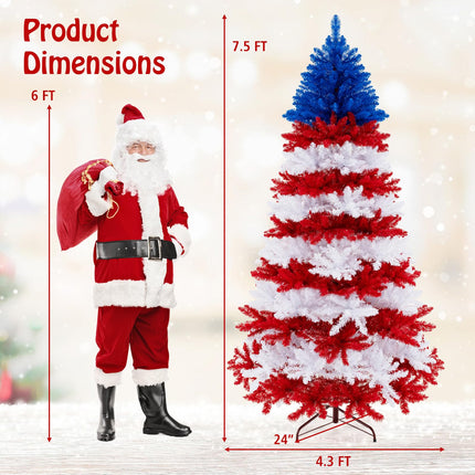 Dreamade 7.5 FT Pre-Lit Patriotic Artificial Christmas Tree, Flag-Themed Hinged Xmas Tree with 480 Warm White LED Lights