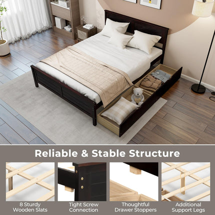 Dreamade Wood Full Size Bed Frame with 2 Storage Drawers, Solid Wood Platform Bed with Headboard
