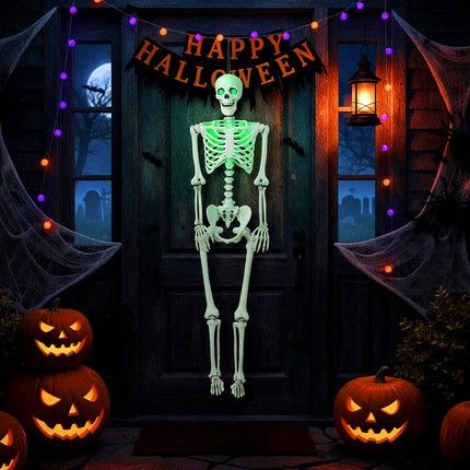 Dreamade 63" Life-Size Posable Skeleton with Green LED Lights Halloween Lighted Skeleton Decoration