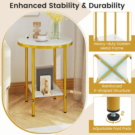 Dreamade Round Side Table 2-Tier Faux Marble Sofa Side Coffee Table w/Gold Frame & Open Shelf
