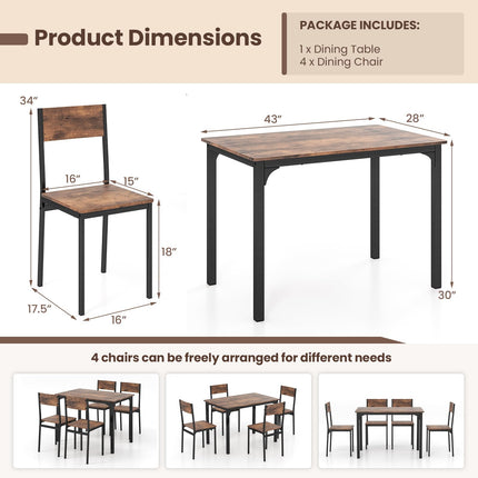 5 Piece Dining Table Set Industrial Style Kitchen Table and Chairs for 4-Rustic Brown