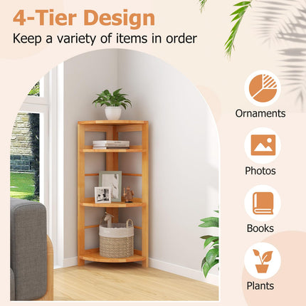 Dreamade 4-Tier Corner Shelf, 34" Bookshelf with Rubber Wood Frame, Anti-Toppling Kit