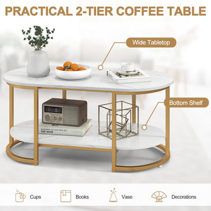 Dreamade White Marble Coffee Table - Modern 2-Tier Center Table w/Open Storage Shelf