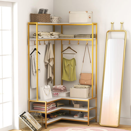 Dreamade Corner Coat Rack with Shoe Bench, L-shaped Garment Rack with 5 Shelves & 7 Hooks