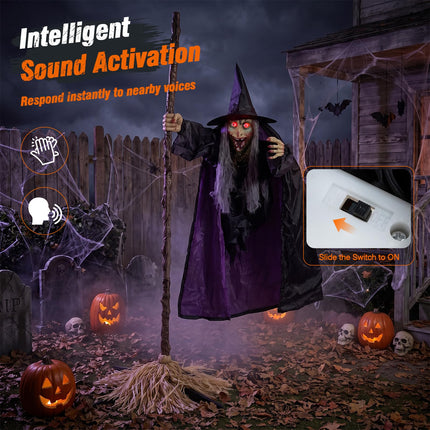 DREAMADE 6.6 FT Halloween Animatronics Flying Witch on Broom Decorations