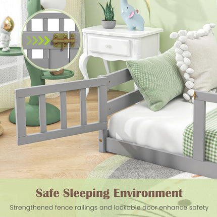 Dreamade Twin Floor Bed with Door & Fence, Kids Wood Montessori Bed with Safety Guardrails