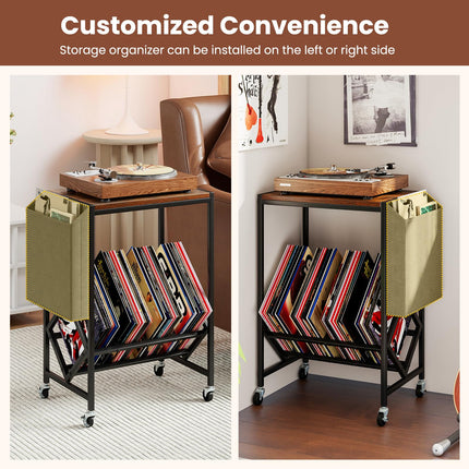 Dreamade Rolling Record Player Stand 2-Tier with Vinyl Storage and Magazine Holder Bag