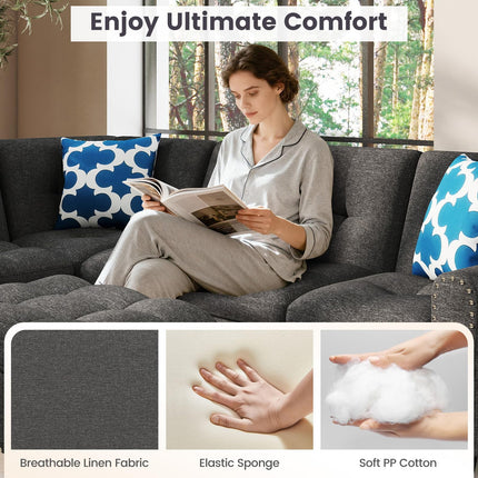 Dreamade 98 Inches Sectional Sofa Couch with Movable Storage Ottoman and Linen Fabric Backs