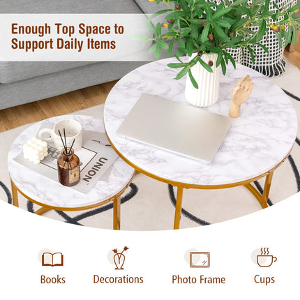 Dreamade Nesting Coffee Table Set of 2, Round Stacking Side Tables with Wooden Tabletop & Powder Coated Steel Frame