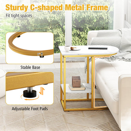Dreamade C Shaped End Table with Faux Marble Tabletop and Storage Shelf