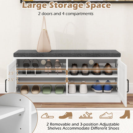 Dreamade Shoe Storage Bench with Cushion, 2-Tier Entryway Bench w/2 Barn Doors & 2 Adjustable Shelves