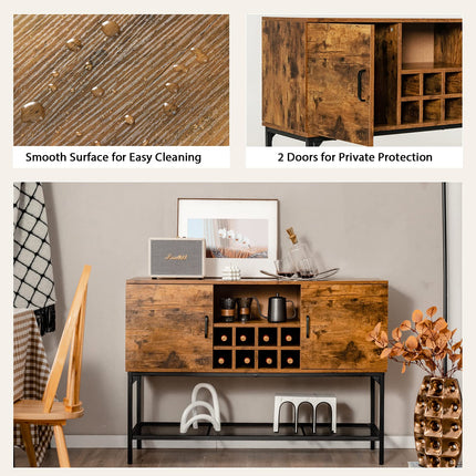 Dreamade Industrial Buffet Sideboard, Freestanding Kitchen Cupboard with Wine Rack (Rustic Brown & Black)