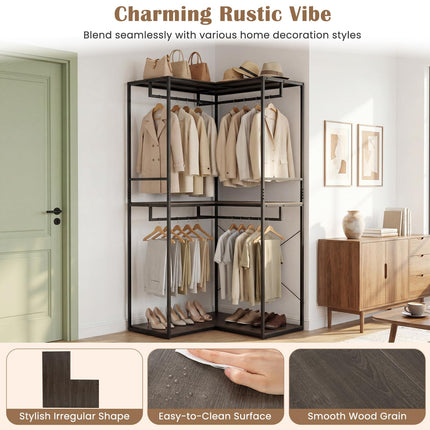 Dreamade Heavy Duty Clothes Rack | 3-Tier L-Shaped Garment Rack w/3 Open Shelves & 2 Hanging Racks