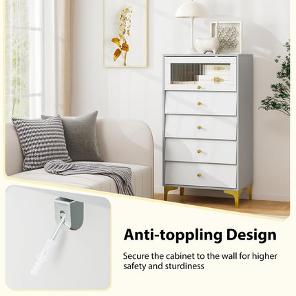 Dreamade 4-Drawer Dresser with Flip Up Fluted Glass Door