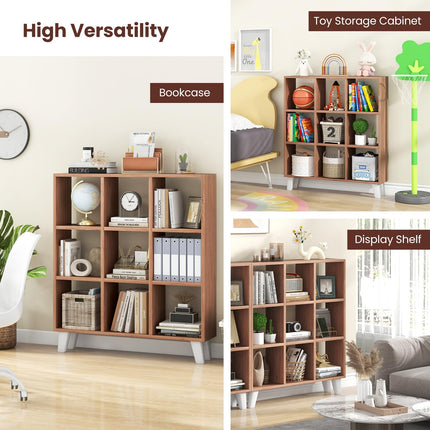 Dreamade 9-Cube Open Bookcase, 3-Tier Freestanding Bookshelf with 4 Slanted Legs & 6 Removable Shelves