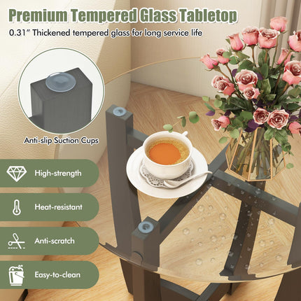 Dreamade Glass End Table, Round Side Table with Rubber Wood Frame & Tempered Glass Top, 23.5" Small Black Coffee Table