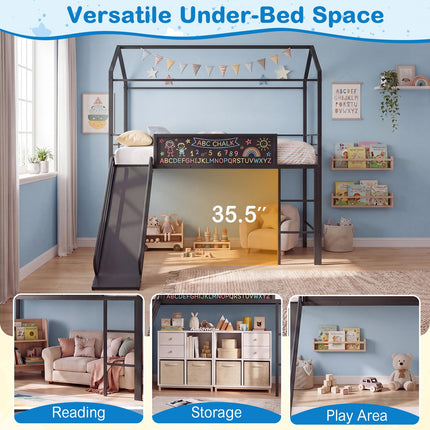 Dreamade Twin Size House Loft Bed | Low Loft Bedframe w/Roof