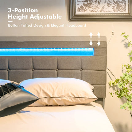 Dreamade Queen Bed Frame with LED Lights and 4 Drawers, Upholstered Platform Bed Frame with USB Ports