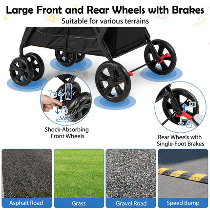 Dreamade Dog Stroller with Low Entry & Ramp Access, Cat Stroller with Lockable & Shock-Absorbing All-Terrain Wheels