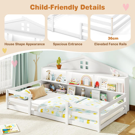 Dreamade Montessori Floor Bed with LED Lights 2-in-1 Wooden House Bed Frame with Safety Guardrails