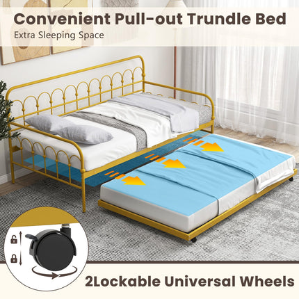 Dreamade Twin Daybed with Trundle Gold, Metal Day Bed with Convenient Pull-Out Trundle Bed