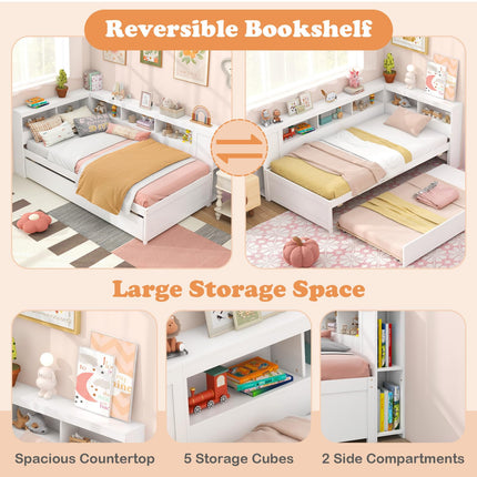 Dreamade Twin Daybed with Trundle, Wood Twin Bed Frames with Storage Headboard, Reversible Bookcase