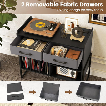 Dreamade Large Record Player Stand with Charging Station Mid Century Modern Vinyl Storage Cabinet