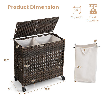 Dreamade Laundry Hamper with Wheels and Lid, 33 Gal (125L) Wicker Laundry Basket, 2 Removable Liner Bags