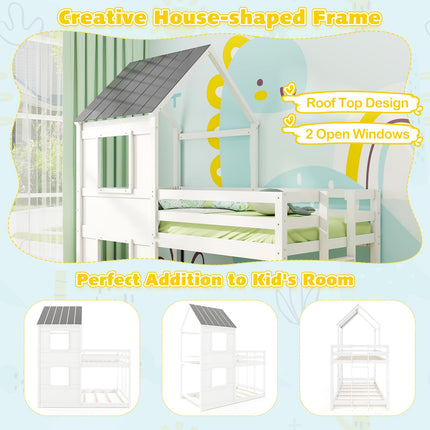Dreamade House Bunk Bed Twin Over Twin, Solid Wood Floor Bunk Bed with Built in Ladder, Window & Safety Guardrail