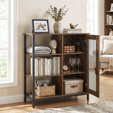 Dreamade Industrial Side Cabinet with Metal Mesh Door and 3 Open Shelves