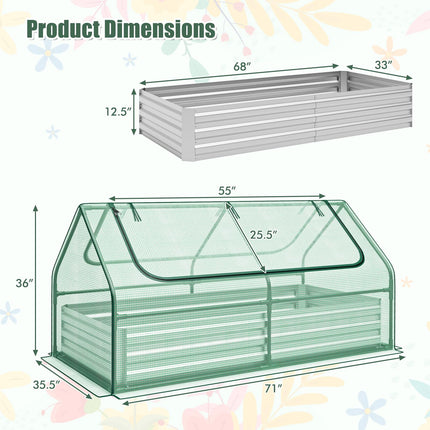 Dreamade Galvanized Steel Raised Garden Bed with Mini Greenhouse, Outdoor Metal Planter Box Kit with Large Roll-up Cover