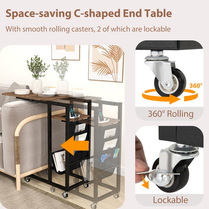 Dreamade C Shaped End Table with Charging Station and Wheels