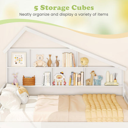 Dreamade Full House Bed with Twin Trundle, Wood Daybed with 5 Cube Storage Bookcase & Headboard