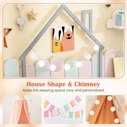 Dreamade Twin Floor Bed for Kids, Wood Montessori Floor Bed with Chimney Headboard & Handrail