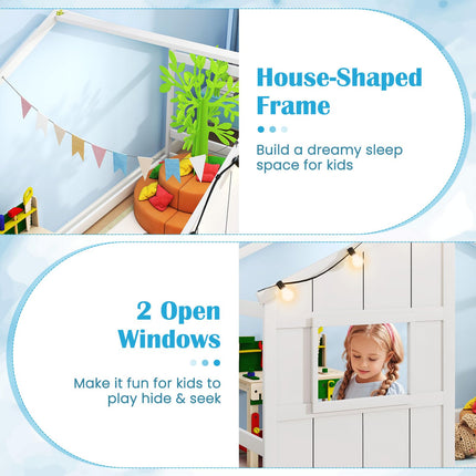 Dreamade Twin Kids House Bed with Light Bulbs Wooden Montessori Floor Bed Frame with Roof & Windows