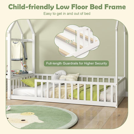 Dreamade Twin House Floor Bed, Solid Wood Montessori Floor Bed with Detachable Storage Shelf & Clothes Hanger