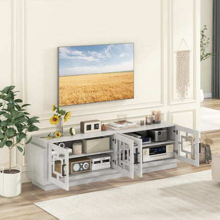 Dreamade Farmhouse TV Stand for TVs up to 75”, 4-Door Glass Entertainment Center with 2 Cabinets