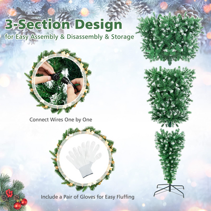 Dreamade 7.5ft Pre-lit Upside Down Christmas Tree, Hinged Inverted Artificial Xmas Tree W/ 1100 Snowy Branch Tips - DreamadeUS