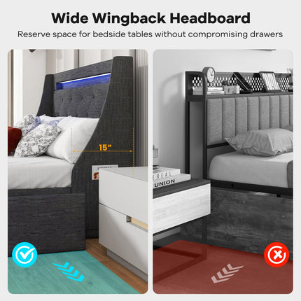 Dreamade Full Size Bed Frame with LED Lights & Charging Station, Upholstered Platform Bed with Wingback Headboard