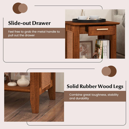 Dreamade Rattan Nightstand with Drawer, Mid Century End Table with Storage Shelf, Sofa Side Table with Solid Rubber Wood Legs