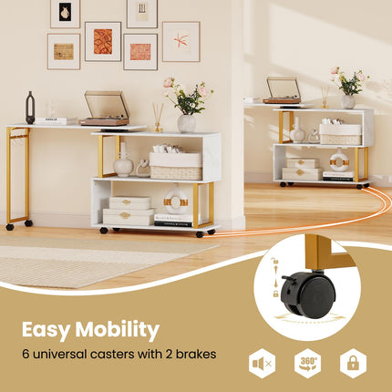 Dreamade 360° Free Rotating Sofa Side Table Modern L Shaped Desk with Storage Bookcase