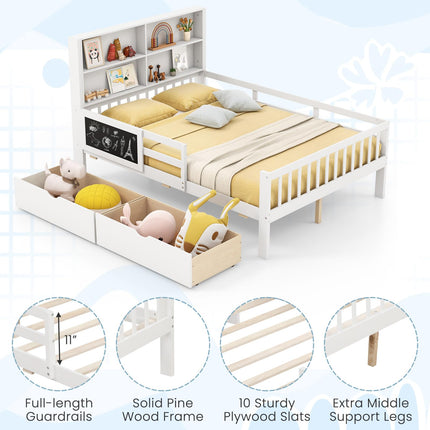 Dreamade Full/Twin Size 2 Storage Drawers, Solid Wood Kids Bed Frame w/Bookcase Headboard & Blackboard