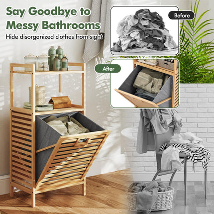 Dreamade Tilt Out Laundry Hamper Bamboo Laundry Storage Cabinet with 2-Tier Storage Shelves